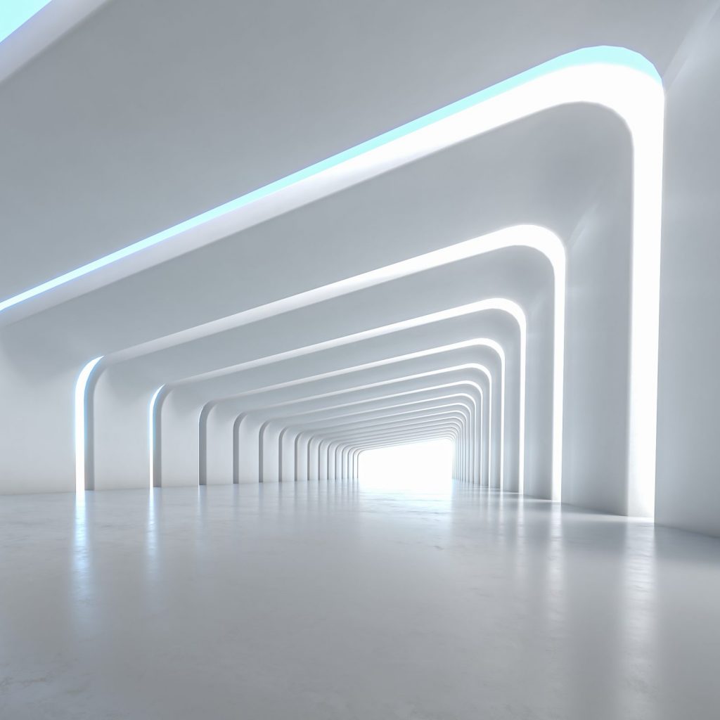 Illuminated corridor interior design. 3D rendering